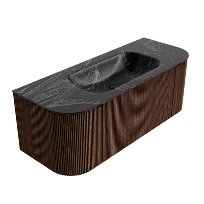 MONDIAZ KURVE-DLUX 120cm badmeubel met module 25 Len R kleur Walnut met 1 lade en 2 deuren. Wastafel BIG SMALL midden zonder kraangat kleur Lava.