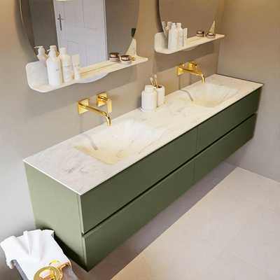 Mondiaz VICA-DLUX ensemble de meuble de salle de bain - 200cm - meuble sous-vasque armée - 4 tiroirs - lavabo encastré nuage double - sans trous de robinet - miroir modèle spot - version XL 60cm de haut - opalo