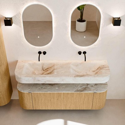 MONDIAZ THOR-DLUX 150cm badmeubel ronding links + rechts kleur Oak met 1 lade en 2 deuren. Vrijhangende wastafel CLOUD Dubbel zonder kraangat kleur Frappe.