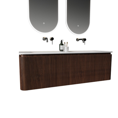 Royal Plaza Terra Edge Ensemble meuble de salle de bains - 140x44.7x46cm - vasque en solid surface blanc mat - 2 vasques - sans trous de robinet - 2 tiroirs - châtaigne (noyer)