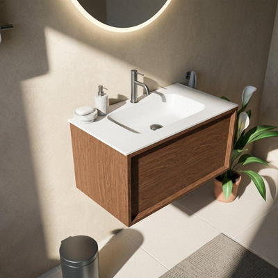 Saniclass Holz Frame Ensemble de meubles de salle de bains - 80x45x41.5cm - Flow lavabo en solid surface blanc - 1 vasque - 1 trou de robinetterie - 1 tiroir - walnut pure mat (bois)