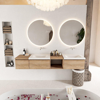 MONDIAZ BUKLA 200cm ensemble de meuble avec module ouvert 40 à droite couleur Chêne blanchi avec 3 tiroirs. Lavabo CLOUD double 0 trou de robinet couleur Talc.