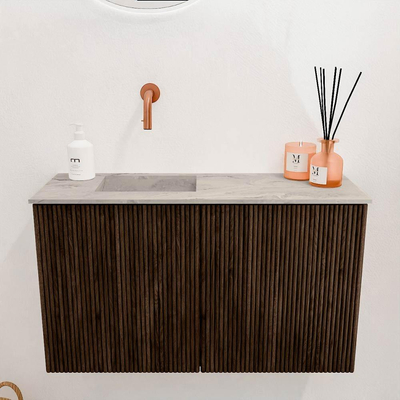 Mondiaz JOYA-DLUX 70cm toiletmeubel - kleur Walnut - Wastafel FAYE positie Links Zonder kraangat kleur Glace.