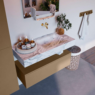 Mondiaz ALAN-DLUX Ensemble de meuble - 100cm - meuble Oro mat - 1 tiroir - Lavabo Cloud Glace suspendu - vasque Droite - 0 trous de robinet