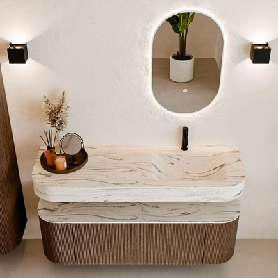 MONDIAZ THOR-DLUX 140cm meuble de salle de bains arrondi gauche + droite couleur Walnut avec 1 tiroir et 2 portes. Vasque suspendue CLOUD Droite 1 trou de robinet couleur Nata.