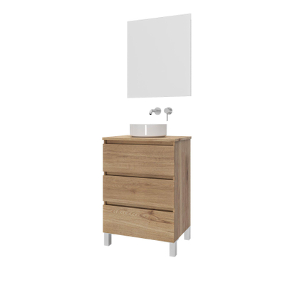 Saniclass Chaci PLUS Ensemble meuble de salle de bains - 60x86x46cm - vasque - plan - 3 tiroirs - miroir rectangulaire - chêne