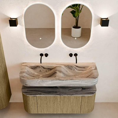 MONDIAZ THOR-DLUX 120cm meuble de salle de bains arrondi gauche + droite couleur Dusk avec 1 tiroir et 2 portes. Vasque suspendue CLOUD Double sans trou de robinet couleur Sombra.