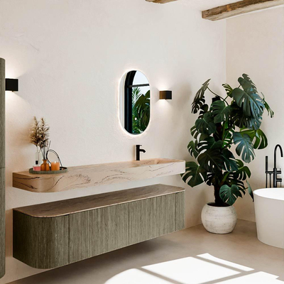 MONDIAZ THOR-DLUX 180cm meuble de salle de bains arrondi gauche + droite couleur Shadow avec 2 tiroirs et 2 portes. Vasque suspendue CLOUD Droite 1 trou de robinet couleur Arena.