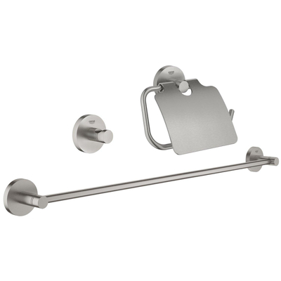 GROHE Essentials Ensemble d’accessoires de WC 3 pièces avec porte-balai de WC, patère et porte-rouleau de papier toilette avec couvercle supersteel