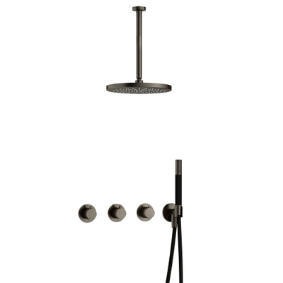 Hotbath Cobber IBS70 Regendoucheset - inbouw - 30cm plafondarm - 30cm ronde hoofddouche - staafhanddouche - mat/glans verouderd ijzer (zwart)