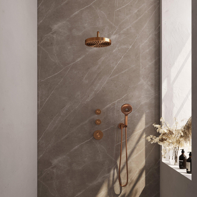 BRAUER Stripe Thermostatische Inbouw Regendouche - SET 05 - 25cm douchekop - gebogen muurarm - 3-standen handdouche - doucheslang - wandaansluitbocht - koper geborsteld PVD