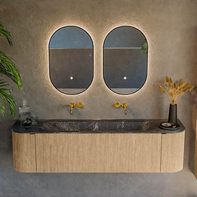 MONDIAZ KURVE-DLUX meuble de salle de bains 170 cm avec module 25 Len R couleur Chêne avec 1 tiroir et 2 portes. Lavabo BIG LARGE central sans trou de robinet couleur Lave.
