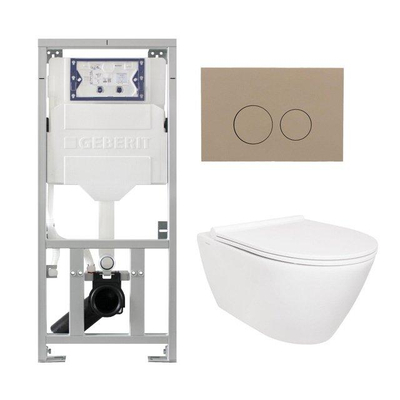 QeramiQ Salina Pack WC - sans bride - réservoir WC attenant Geberit - à fond creux WC suspendu - softclose - quickrelease - plaque de déclenchement taupe - boutons ronds - blanc