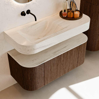 MONDIAZ THOR-DLUX 110cm meuble de salle de bains arrondi gauche + droite couleur Walnut avec 1 tiroir et 2 portes. Vasque suspendue CLOUD Gauche sans trou de robinet couleur Meli.