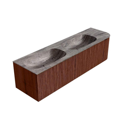 MONDIAZ KURVE-DLUX meuble de salle de bains 165cm arrondi droit couleur Ruby avec 2 tiroirs et 1 porte. Lavabo STOR SMALL Double / gauche sans trou de robinet Oza.