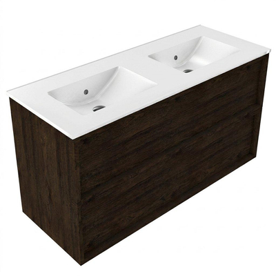 Saniclass Holz Frame Ensemble de meubles de salle de bains - 120x45x62cm - lavabo Vygo en céramique blanc - 2 vasques - sans trous de robinetterie - 2 tiroirs - chêne charbon mat (bois)