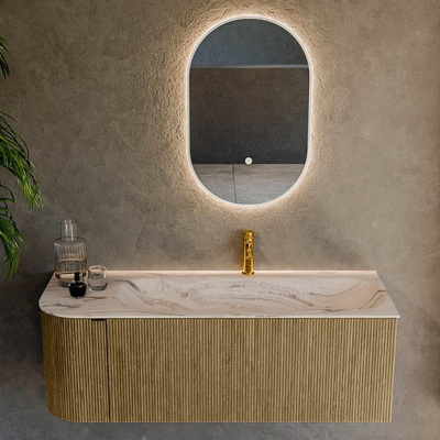 MONDIAZ KURVE-DLUX meuble de salle de bains 125 cm courbe à gauche couleur Dusk avec 1 tiroir et 1 porte. Lavabo BIG MEDIUM à droite 1 trou de robinet Nata.
