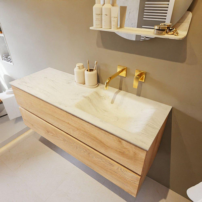 Mondiaz VICA-DLUX ensemble de meuble de salle de bain - 130cm - meuble sous-vasque chêne blanchi - 2 tiroirs - lavabo encastré cloud droite - sans trous de robinet - version haute de 60cm - opalo