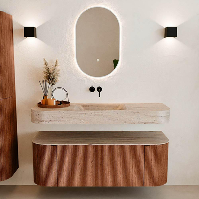 MONDIAZ THOR-DLUX 130cm badmeubel ronding links + rechts kleur Ruby met 1 lade en 2 deuren. Vrijhangende wastafel CLOUD Midden zonder kraangat kleur Saba.