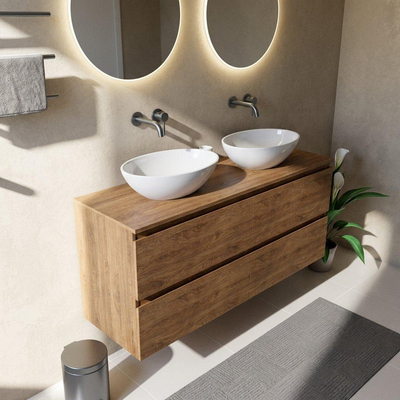 Saniclass Holz Pure Ensemble de meubles de salle de bains - 140x45x62cm - plan de travail en bois - sans trou de robinet - 4 tiroirs - chêne natural mat (bois)