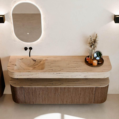 MONDIAZ THOR-DLUX 170cm badmeubel ronding links + rechts kleur Walnut met 1 lade en 2 deuren. Vrijhangende wastafel CLOUD Links zonder kraangat kleur Arena.