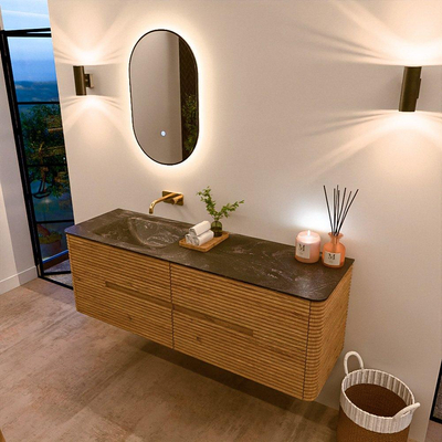 Mondiaz CIRO-DLUX Badkamermeubelset - 150x45x50cm - Solid surface wastafel Lava - 1 wasbak Links - zonder kraangaten - 4 lades - Oak
