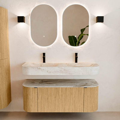 MONDIAZ THOR-DLUX 120cm badmeubel ronding links + rechts kleur Oak met 1 lade en 2 deuren. Vrijhangende wastafel CLOUD Dubbel 2 kraangaten kleur Frappe.