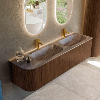 MONDIAZ KURVE-DLUX Meuble de salle de bains 165cm arrondi à gauche couleur Walnut avec 2 tiroirs et 1 porte. Plan vasque STOR SMALL Double / Droite 2 trous de robinet Oza.