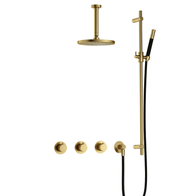 Hotbath Cobber IBS70 Regendoucheset - inbouw - 15cm plafondarm - 20cm ronde hoofddouche - staafhanddouche - glijstang - PVD - geborsteld messing (goud)
