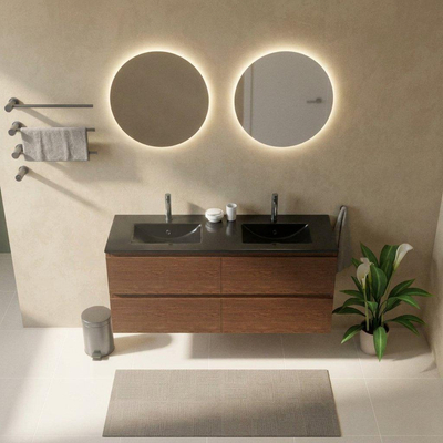 Saniclass Holz Pure Ensemble de meubles de salle de bains - 140x45x62cm - Vasque en céramique Vygo noire - 2 vasques - 2 trous de robinetterie - 4 tiroirs - walnut pure mat (bois)