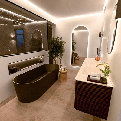 Mondiaz CIRO-DLUX Meuble de salle de bains - 180x45x50cm - Plan vasque solid surface Meli - 1 vasque à droite - sans trous de robinetterie - 4 tiroirs - Noyer