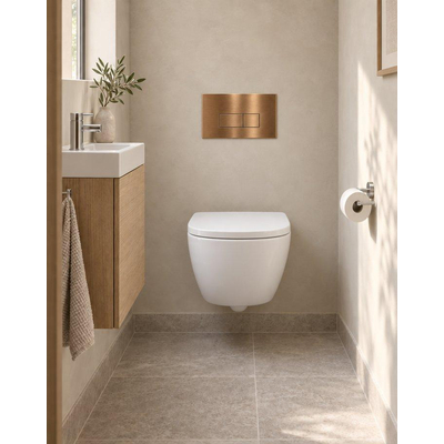 QeramiQ Dely Swirl Compact Toiletset - inbouwreservoir Geberit UP320 - met Burda frame - 25mm zitting - metalen bedieningsplaat koper - rechthoekige knoppen - mat wit