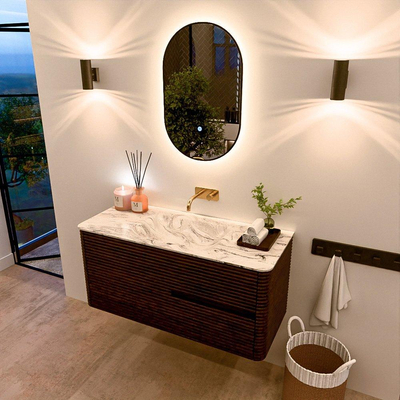 Mondiaz CIRO-DLUX Badkamermeubelset - 110x45x50cm - Solid surface wastafel Glace - 1 wasbak Midden - zonder kraangaten - 2 lades - Walnut