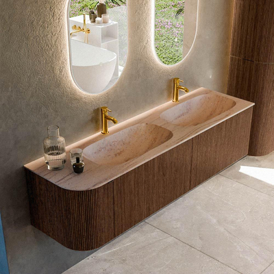 MONDIAZ KURVE-DLUX Meuble de salle de bains 165cm arrondi à gauche couleur Walnut avec 2 tiroirs et 1 porte. Lavabo STOR SMALL Double / à droite 2 trous de robinet Saba.