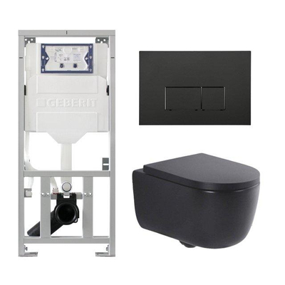 QeramiQ Dely Swirl Ensemble WC- 36.3x51.7cm - Réservoir encastré Geberit UP320 - Abattant de 35mm d'épaisseur - Plaque de commande en noir mat - Boutons rectangulaires - Noir mat
