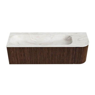 MONDIAZ KURVE-DLUX 145cm badmeubel met module 25 R kleur Walnut met 1 lade en 1 deur. Wastafel BIG LARGE links 1 kraangat kleur Ostra.