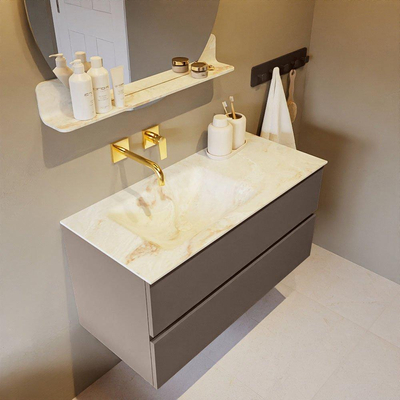 MONDIAZ VICA-DLUX Ensemble meuble de salle de bains - 100cm - meuble bas smoke - 2 tiroirs - lavabo encastré cloud gauche - sans trous de robinet - version haute 60cm - frape