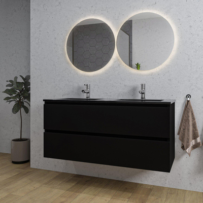 Saniclass Chaci Meuble de salle de bain - 120x45x55cm - lavabo en céramique noir mat - 2 vasques - 2 trous de robinet - 2 tiroirs - noir mat