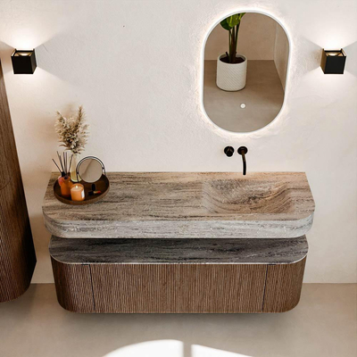 MONDIAZ THOR-DLUX 150cm badmeubel ronding links + rechts kleur Walnut met 1 lade en 2 deuren. Vrijhangende wastafel CLOUD Rechts zonder kraangat kleur Oza.