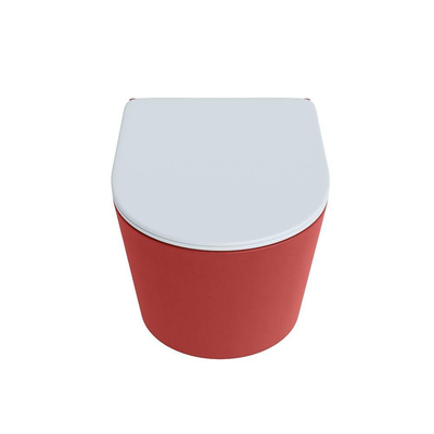 Mondiaz LAVIE hangtoilet – spoelrandloos – 36 x 53 cm – met softclose zitting – Fire (rood), zitting Clay (lichtblauw/grijs)
