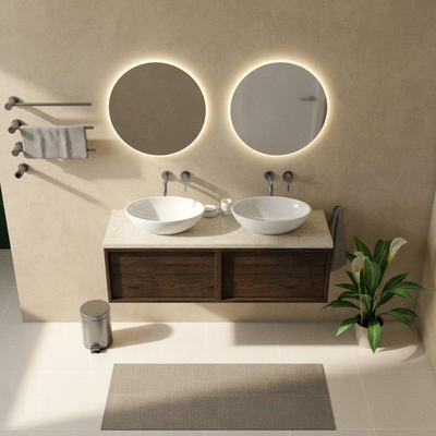 Saniclass Holz Frame Ensemble meuble de salle de bains - 140x45x43cm - Plan de travail en pierre naturelle travertin - sans trou de robinetterie - 2 tiroirs - chêne charcoal mat (bois)