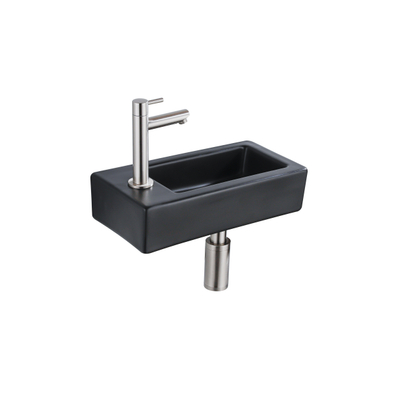 QeramiQ Lave-mains Kit lave-mains - 37.5x18.5x9cm - céramique - trou de robinet gauche - robinet lave-mains en inox brossé - bonde de vidage - siphon abaissé - Mat Noir