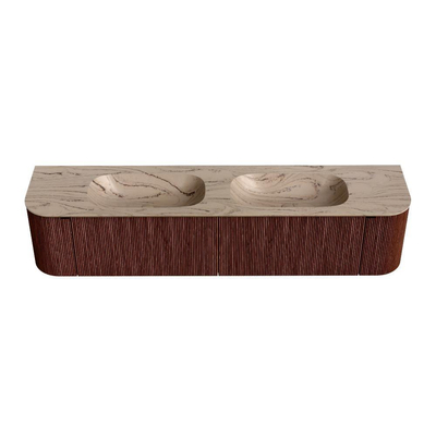 MONDIAZ KURVE-DLUX Meuble de salle de bains 200cm courbure Gauche + Droite couleur Ruby avec 2 tiroirs et 2 portes. Lavabo STOR SMALL Double sans trou de robinet Arena.