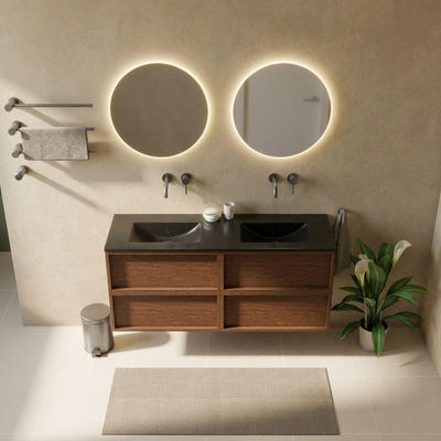 Saniclass Holz Frame Ensemble meuble de salle de bains - 140x45x62cm - lavabo Vygo en céramique noir - 2 vasques - sans trous de robinetterie - 4 tiroirs - mat walnut pure (bois)