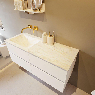 Mondiaz VICA-DLUX ensemble de meuble de salle de bain - 120cm - meuble sous lavabo talc - 4 tiroirs - lavabo encastré cloud gauche - sans trous de robinet - version haute de 60cm - ostra