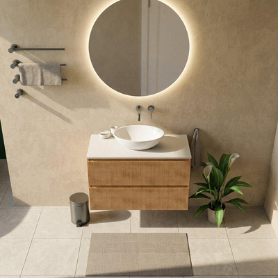 Saniclass Holz Atelier Ensemble meuble de salle de bains - 100x45x62.5cm - plan Torino en Solid Surface blanc - sans trou de robinetterie - 2 tiroirs - chêne natural mat (bois)