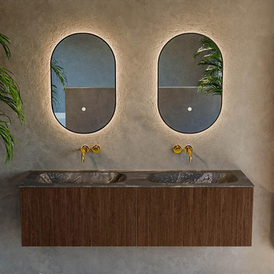 MONDIAZ KURVE-DLUX Meuble de salle de bains 150 cm couleur Walnut avec 2 tiroirs. Lavabo STOR SMALL double sans trou de robinet couleur Lava.