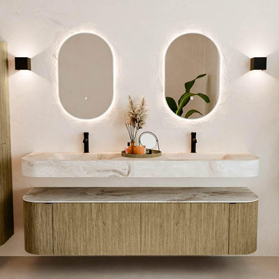 MONDIAZ THOR-DLUX 180cm meuble de salle de bains arrondi gauche + droite couleur Dusk avec 2 tiroirs et 2 portes. Vasque suspendue CLOUD Double 2 trous de robinet couleur Frappe.