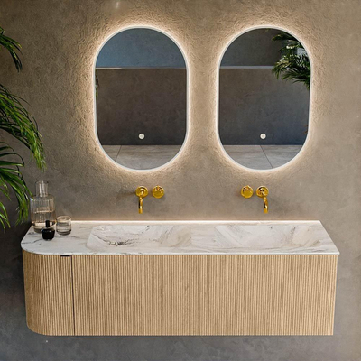 MONDIAZ KURVE-DLUX 145cm badmeubel met module 25 L kleur Oak met 1 lade en 1 deur. Wastafel LEAF dubbel / rechts zonder kraangat kleur Glace.