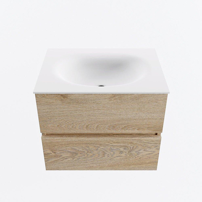 Mondiaz VICA ensemble de meuble de salle de bain - 60cm - meuble sous-vasque chêne blanchi - 2 tiroirs - lavabo lune milieu - sans trous de robinet - version haute 60cm - talc